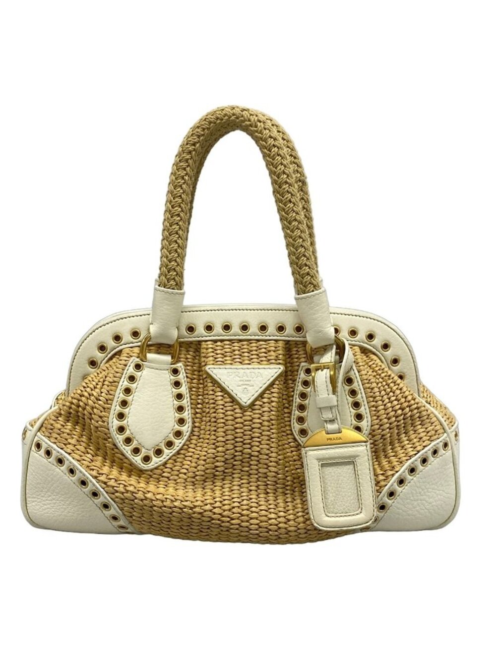 Prada Handbag Beige White Kiss Lock Leather Tag
